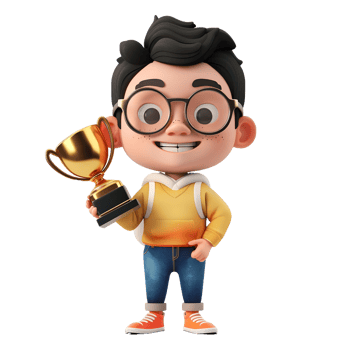 3D cartoon student character holding golden trophy png