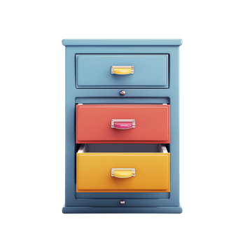 A colorful filing cabinet icon with an open drawer isolated on a transparent background png