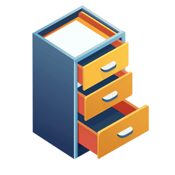 A colorful filing cabinet icon with an open drawer isolated on a transparent background png