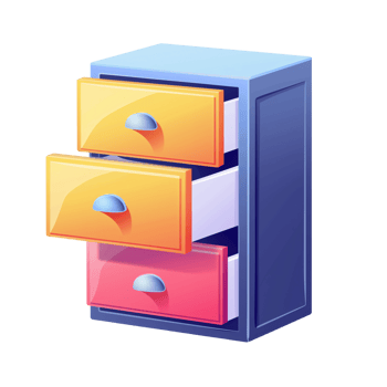 A colorful filing cabinet icon with an open drawer isolated on a transparent background png