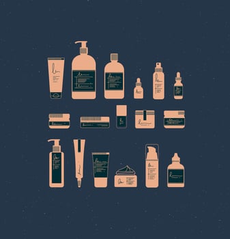 Set of cosmetic bottles in graphic style. Many containers for beauty and fashion products drawing on blue background vector