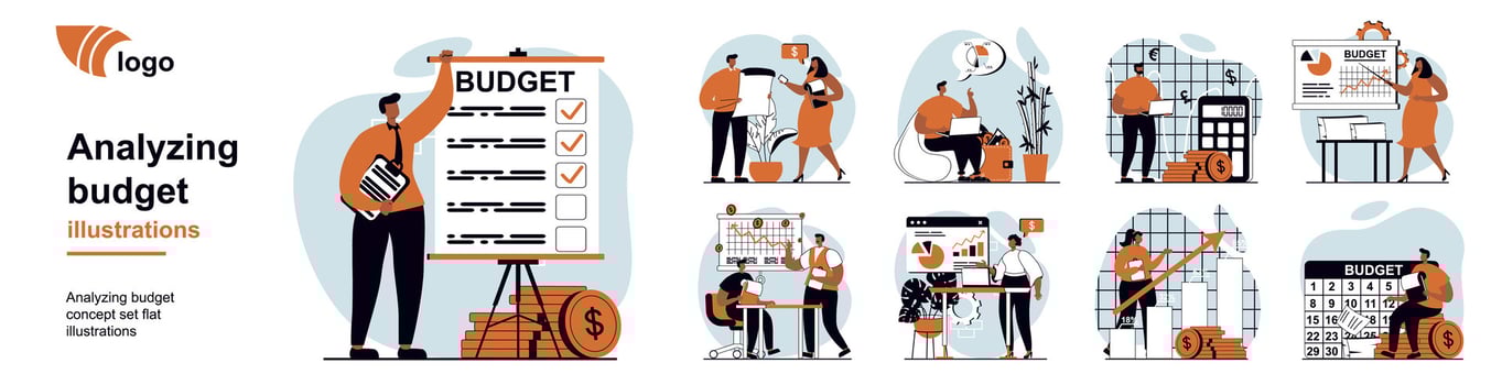 Analyzing budget concept with people scenes mega set in flat web design. Bundle of character situation with bookkeeping doing accounting, calculate financial statistics in report. illustrations vector