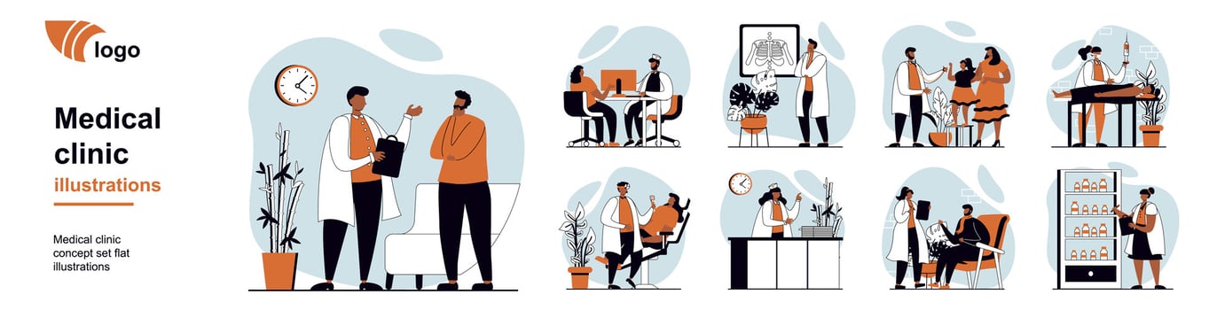 Medical clinic concept with people scenes mega set in flat web design. Bundle of character situation with patients visit doctors for consultations, diagnostics and treatment. illustrations. vector