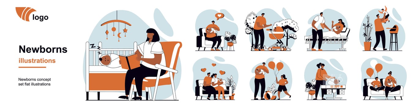 Family with newborn baby concept with people scenes mega set in flat web design. Bundle of character situation with mothers and fathers take care kid, walking, feeding, bathing. illustrations. vector