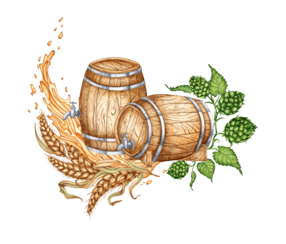 Two wooden barrels with tap, hops and ears of wheat and splashes for beer, wine, cognac, rum, brandy and other alcoholic drinks watercolor illustration. Isolated from the background. Suitable design png