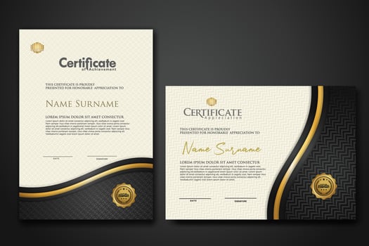 Luxury certificate template with textured effect dan line gold shine on frame background. new Collections vector
