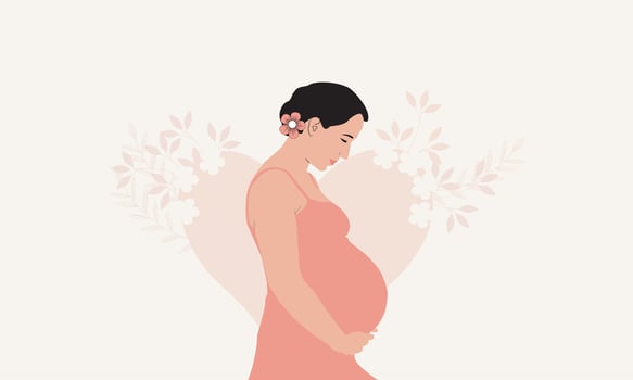 pregnant woman holds her belly. Active well fitted pregnant female character. concept of pregnancy, family, parenthood. Card for design, future mom hugging belly with arms. illustration. vector