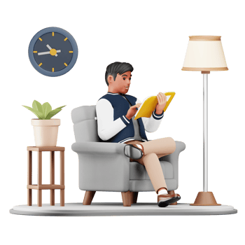 3D Man Character Sitting on Armchair while Reading Book for Cozy Home and Literary Design png