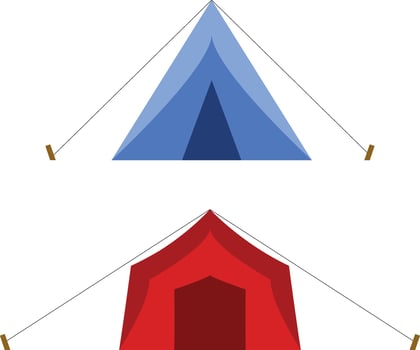 Colorful camping tents. Blue and red tents, outdoor camping, nature travel, recreational hiking vector