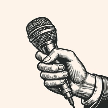 Vintage engraving isolated hand holding microphone ink sketch. hand holding mic illustration vector