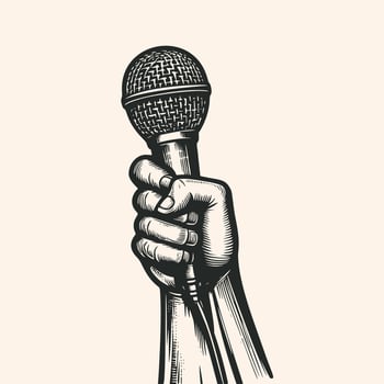 Vintage engraving isolated hand holding microphone ink sketch. hand holding mic illustration vector