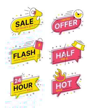 Sales promotion labels collection design with megaphone, clock, ticket, shopping bag icons. vector