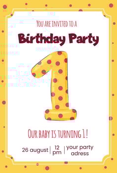 Baby first birthday card, party invitation with cartoon number one template vector