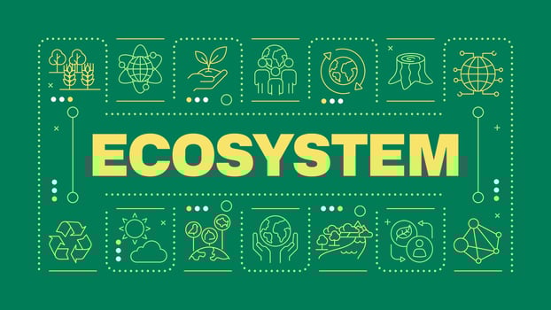 Ecosystem dark green word concept. Ecological system of living organisms. Nature protection. Horizontal image. Headline text surrounded by editable outline icons vector