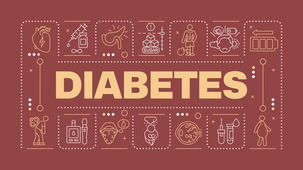 Diabetes dark red word concept. Chronic illness. Symptoms and treatment. Blood glucose levels. Horizontal image. Headline text surrounded by editable outline icons vector