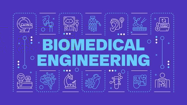 Biomedical engineering purple word concept. Medical innovative technologies. Biotechnology. Horizontal image. Headline text surrounded by editable outline icons vector