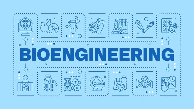 Bioengineering light blue word concept. Genetic engineering. Medical devices. DNA. Bioinformatics. Horizontal image. Headline text surrounded by editable outline icons vector