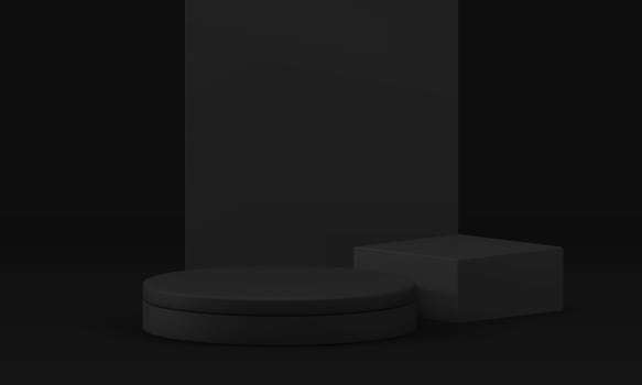 Black 3d podium pedestal with wall background for advertising realistic illustration vector