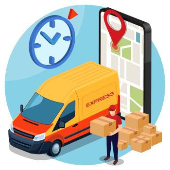 isometric courier with parcels and delivery van. Express mail courier delivery services. worker holding cardboard box png