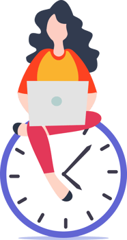 Time management concept or focus and time management while working from home and illustration of woman using laptop sitting on clock png
