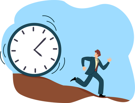time management concept and run out of time work deadline or tried businessman running away from falling rolling huge clock down hill png