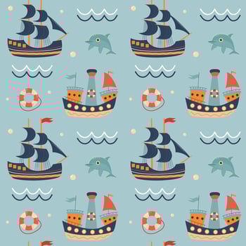 Seamless pattern with sailing ships, dolphin, lifebuoy, waves and bubbles. Cute Marine pattern for fabric, baby clothes, background, textile, wrapping paper. Nursery art style. vector