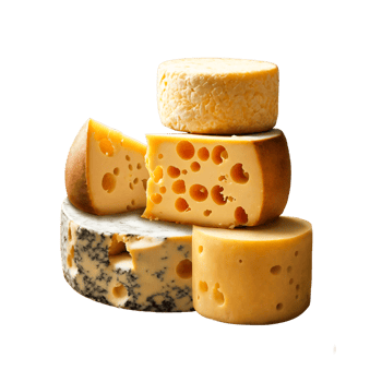 Assorted different types of hard cheese, cut into pieces of different sizes png