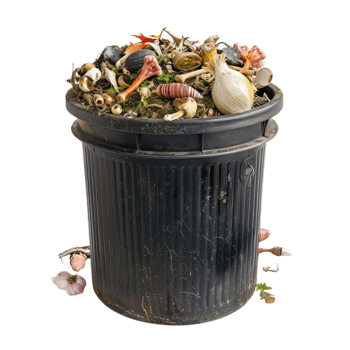Black Trash Bin Overflowing with Vegetables and Household Waste png