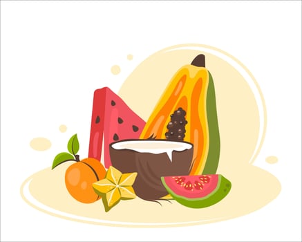 Exotic fruits. Set of organic vitamins. Fresh Tropical fruits in peel, half, slices. Fruit clipart. Organic healthy food. Watermelon, guava, papaya, coconut. Natural snack. flat illustration vector