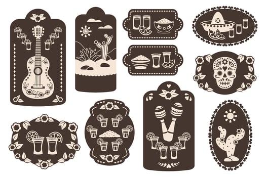 Set of Tequila sticker isolated on white background. Vertical oval Vintage labels with Mexican national elements. Tequila shots. Maracas, guitar, skull, glasses, cactus, hat. illustration vector
