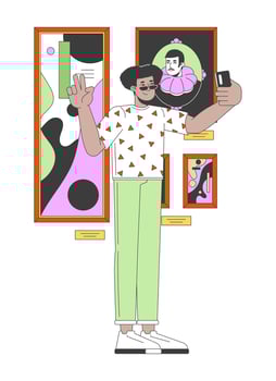 Hispanic man posing for selfie against famous paintings 2D linear cartoon character. Gen z latino guy isolated line person white background. Art gallery visitor color flat spot illustration vector