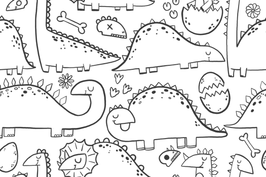 Hand drawn doodle seamless background with doodle dino. Cartoon funny black and white dinosaurs rex. Endless background. Newborn design for textile and nursery png