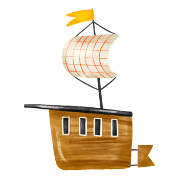 Hand drawn wooden cruise ship. Illustration for kids on isolated background. Childish transport. Sticker for wallart and nursery png