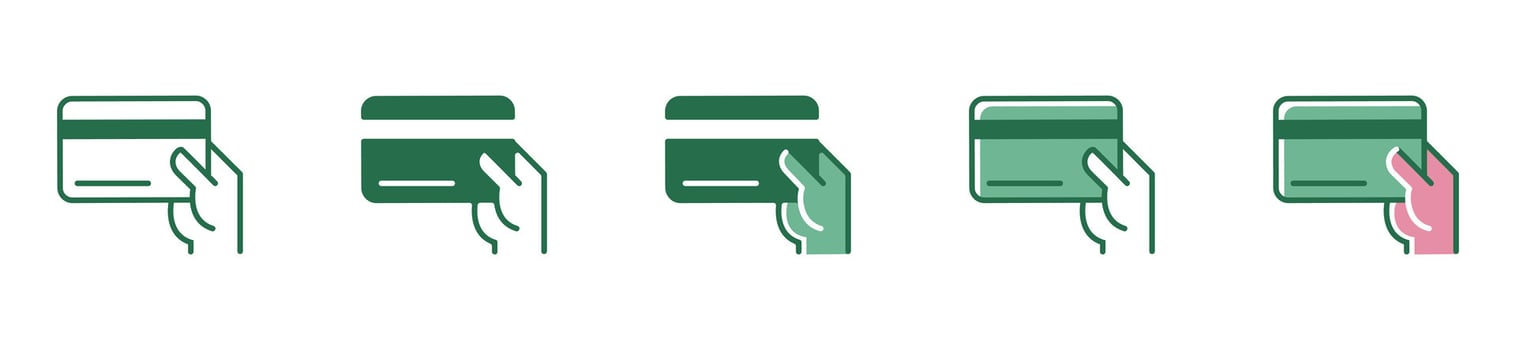 Collection of payment icons with hand holding debit or credit card outline design vector