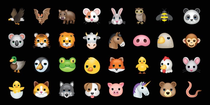 Set of animal faces, face emojis, stickers, emoticons. vector