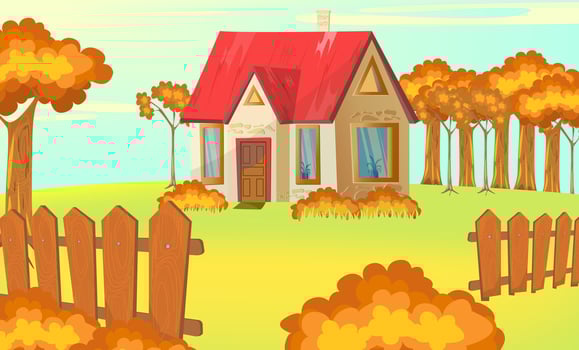 House in the countryside. Autumn Cottage among trees, clearing and wooden fence in the foreground, Blue sky. Cartoon horizontal illustration. Gold atmosphere vector