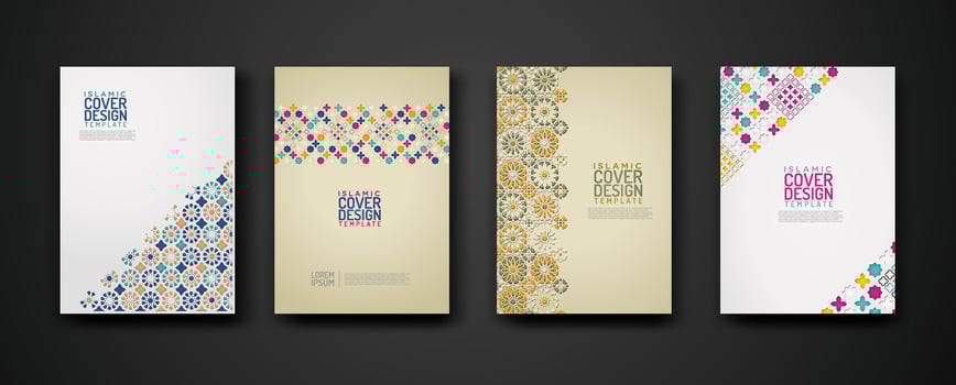 Set islamic cover design template with colorful detail and texture of floral mosaic islamic art ornament. vector