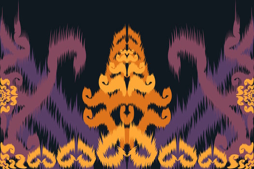 Native Asian style ikat fabric design decorates rugs, pillows and interiors, black background. vector