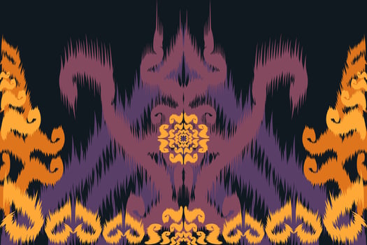 Native Asian style ikat fabric design decorates rugs, pillows and interiors, black background. vector