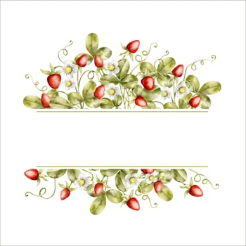 Hand-drawn, watercolor frame with strawberry bushes. Cartoon berries illustration, in kids style vector