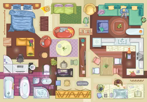 Floor plan icons set for design interior view from above. Furniture colored icon in top view for layout. vector