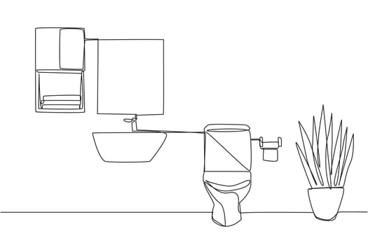 Single continuous line drawing stylish bathroom with full furniture modern. Well maintained dry type bathroom. Hygienic bathroom. Simple design interior. Clean. One line design illustration vector