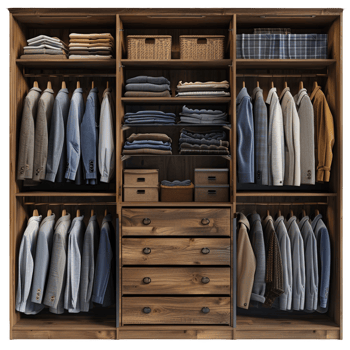 Vintage wooden wardrobe with clothes on transparent background png