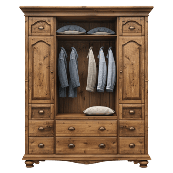 Vintage wooden wardrobe with clothes on transparent background png