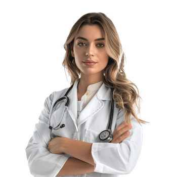 A professional female doctor with a stethoscope around her neck, arms crossed, looking directly at the camera isolated on a transparent background png
