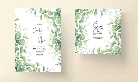 wedding invitation for a wedding with green leaves and flowers vector