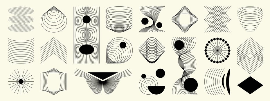 Hand drawn abstract minimal element mid century set. Aesthetic contemporary stripe line art, geometric shape in monochrome. Art form design for wall art, decoration, wallpaper. vector