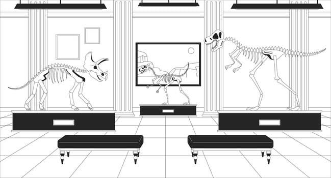 Dinosaur exhibition museum black and white line illustration. Natural history exhibits 2D interior monochrome background. Prehistoric times dino bones, fossils gallery outline scene image vector