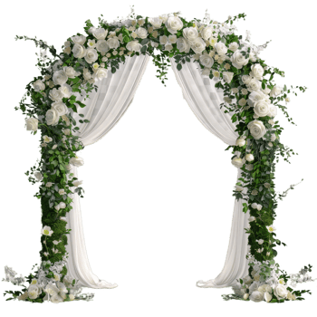 Partial View of Wedding Arch Adorned with White Tulle and Flowers on a Clean White Background, Elegant Ceremony Decoration Concept png