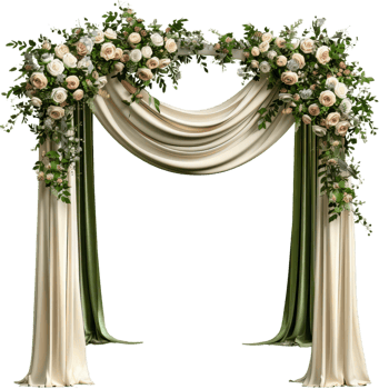 wedding arch with flowers and green drapes png
